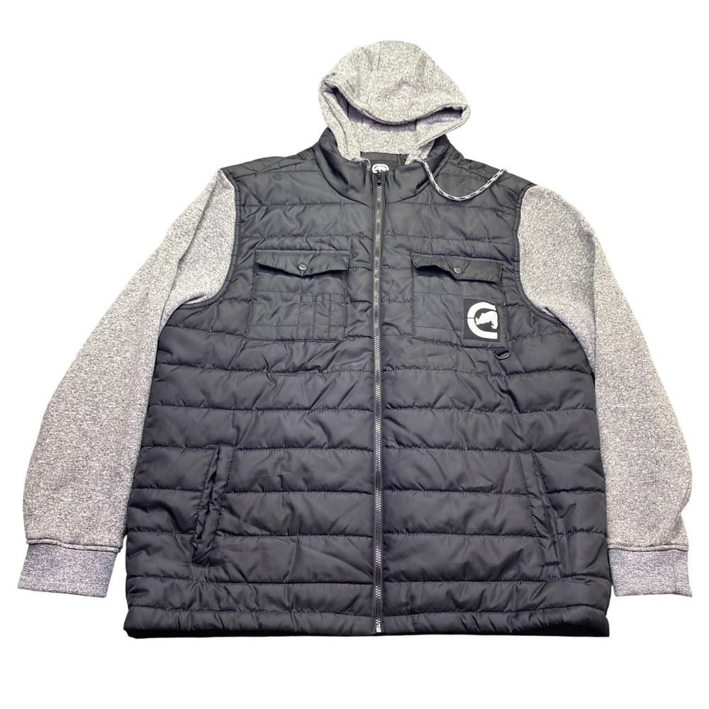Ecko Unltd Mens 2XL Black Quilted Puffer Jacket Grey Hoodie Sleeves Streetwear
